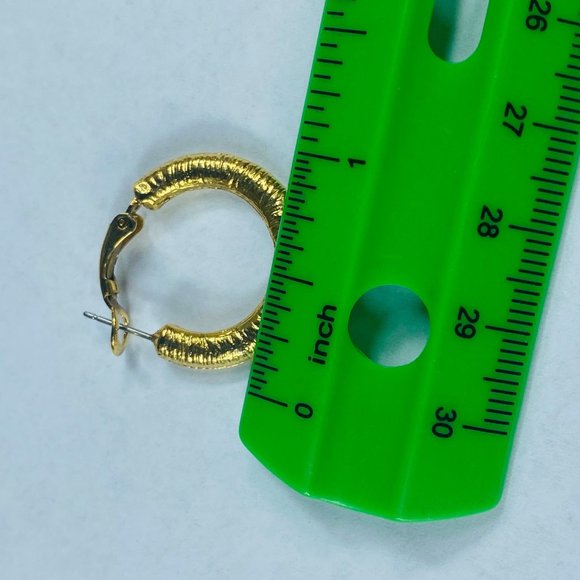 Hoop Earrings Gold Tone Round Womens Textured Omega Backs Shiny Fashion Style - Picture 2 of 16